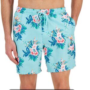 Men's Club Room Swim Trunks- Aqua Tropical Print